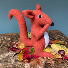 Red Squirrel Wool Sot Toy Handmade left hand side view