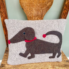 Dachshund cushion in grey with red nose by cdbdi