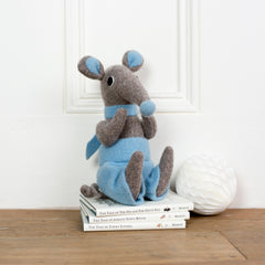 grey boy shrew with blue shorts soft toy by cdbdi