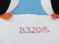 close up of date on personalised penguin cushion by cdbdi