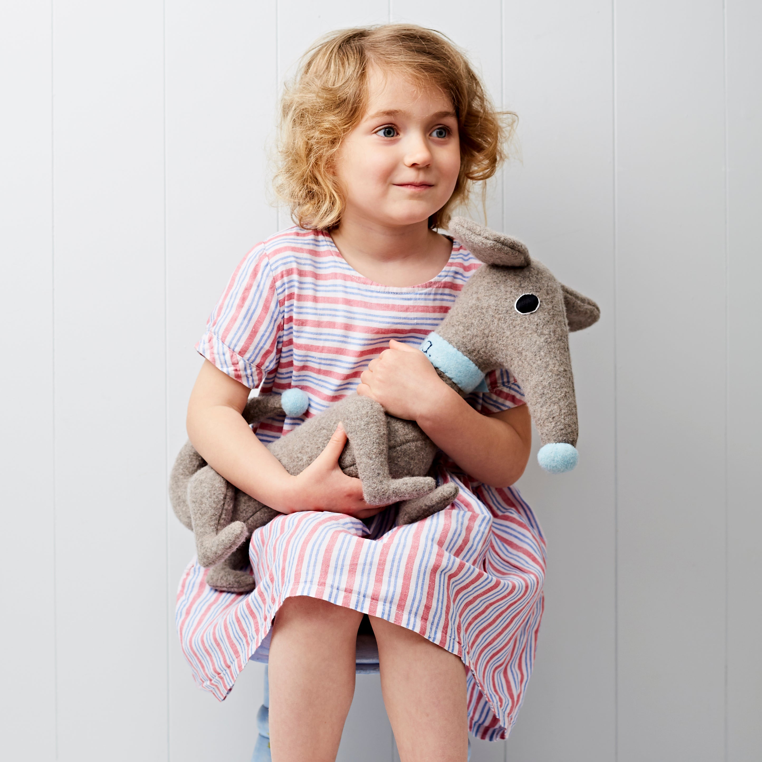 Dachshund in grey with blue collar sitting with a little girl