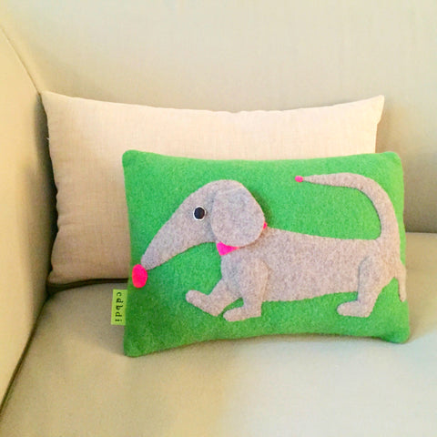 dachshund cushion in green by cdbdi