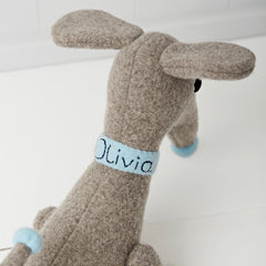 Dachshund in grey with blue collar personalised