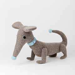 Dachshund in grey with blue collar personalised white background