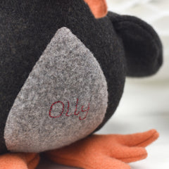 close up of personalisation on owl