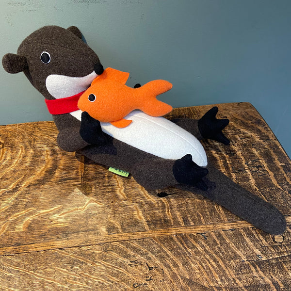 Large Otter Wool Soft Toy with removable Fish by cdbdi personalised