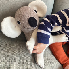 Koala bear soft toy with boys arm around  him