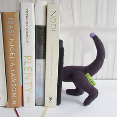 back end of handmade dachshund bookends in purple