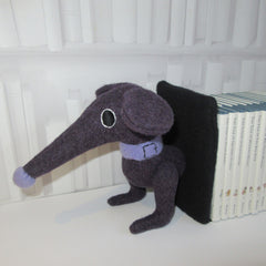 front end of dachshund bookends for children's books in purple