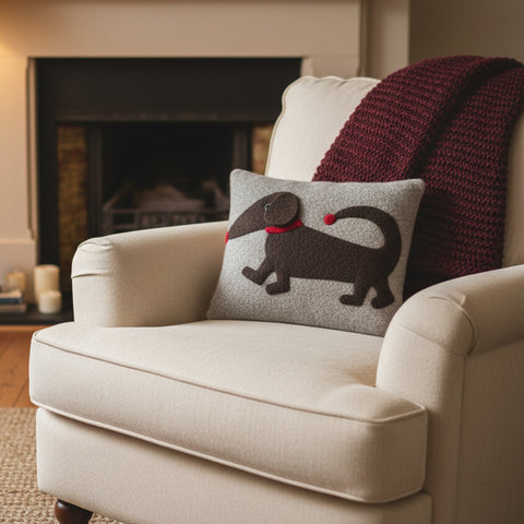 Dachshund cushion in grey with red nose by cdbdi