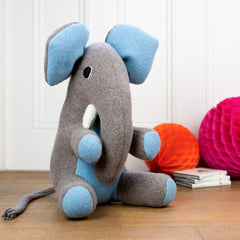 large handmade personalised soft toy elephant with blue ears