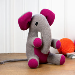 large personalised handmade soft toy elephant with pink ears