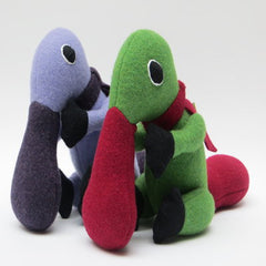 duck billed platypus soft toy pair purple and lilac and green and red